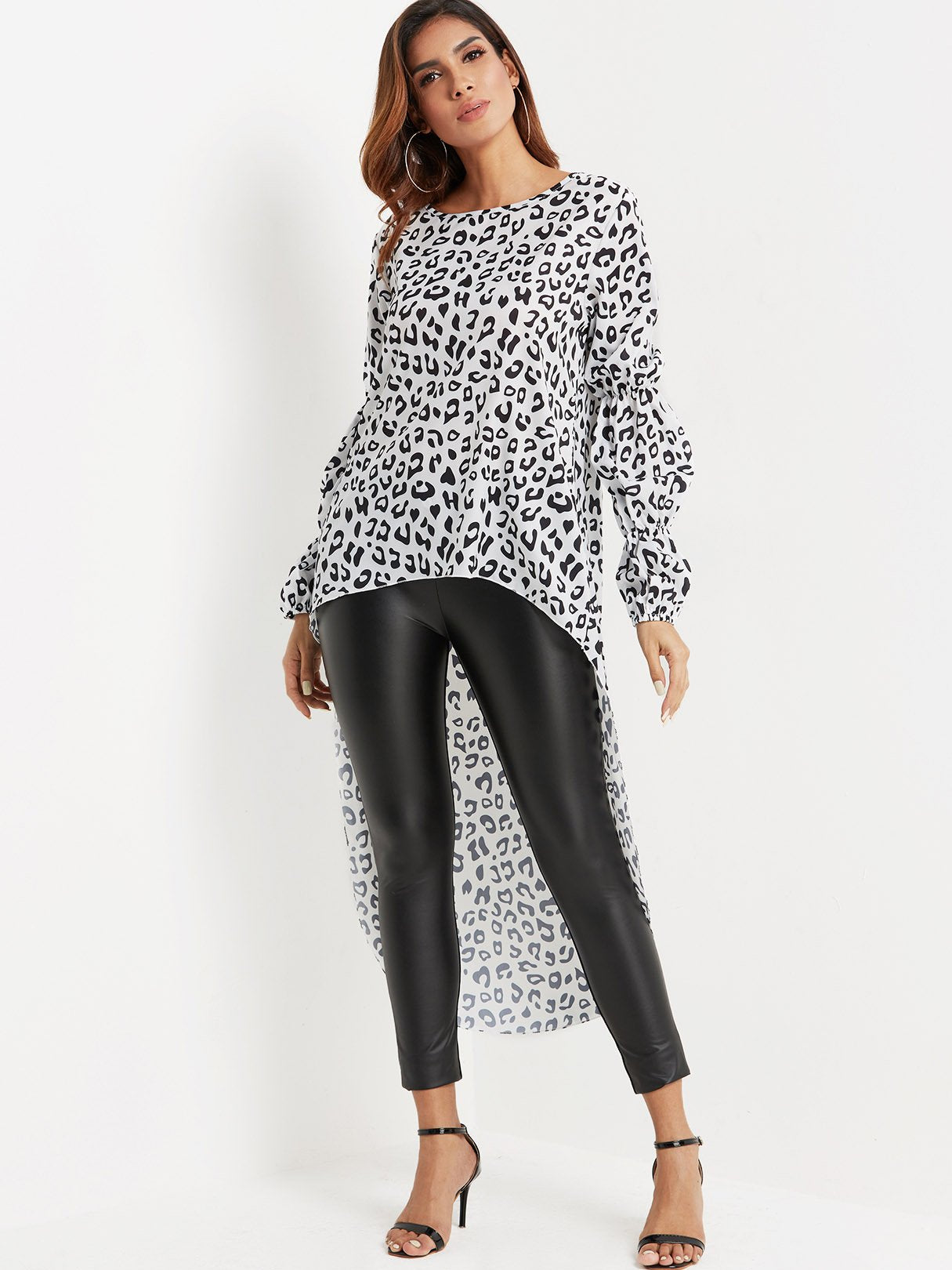 Wholesale Round Neck Leopard Long Sleeve High-Low Hem Top