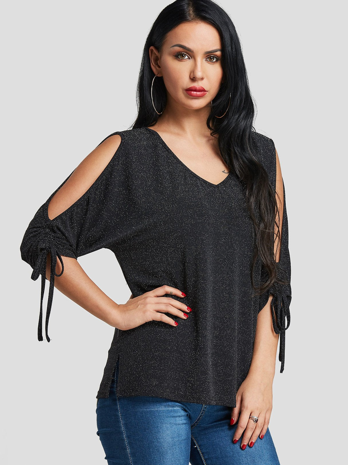 Wholesale V-Neck Cut Out 3/4 Sleeve Black T-Shirts