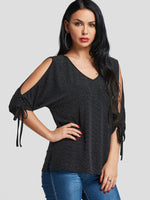 Wholesale V-Neck Cut Out 3/4 Sleeve Black T-Shirts