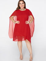 Wholesale Round Neck Plain Tiered Short Sleeve Irregular Hem Red Plus Size Dresses
