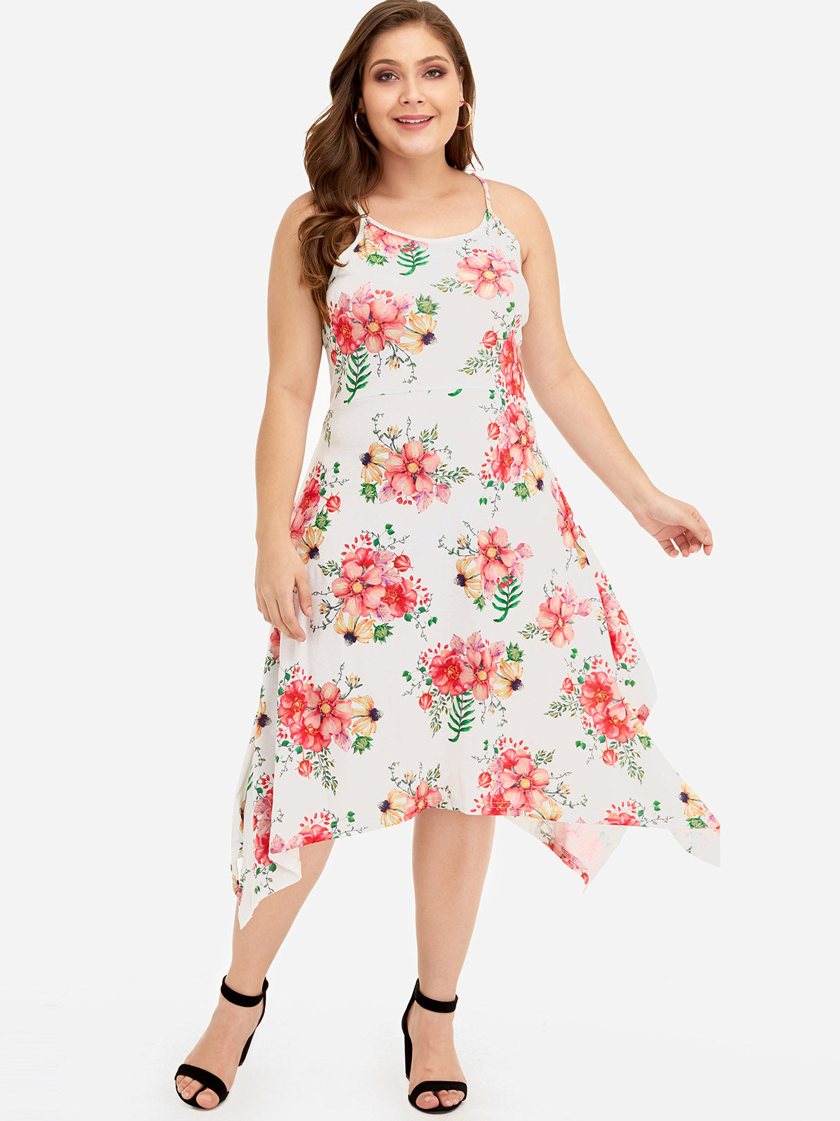 Wholesale Scoop Neck Floral Print Sleeveless Handkerchief Hem Plus Size Dresses