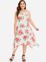 Wholesale Scoop Neck Floral Print Sleeveless Handkerchief Hem Plus Size Dresses