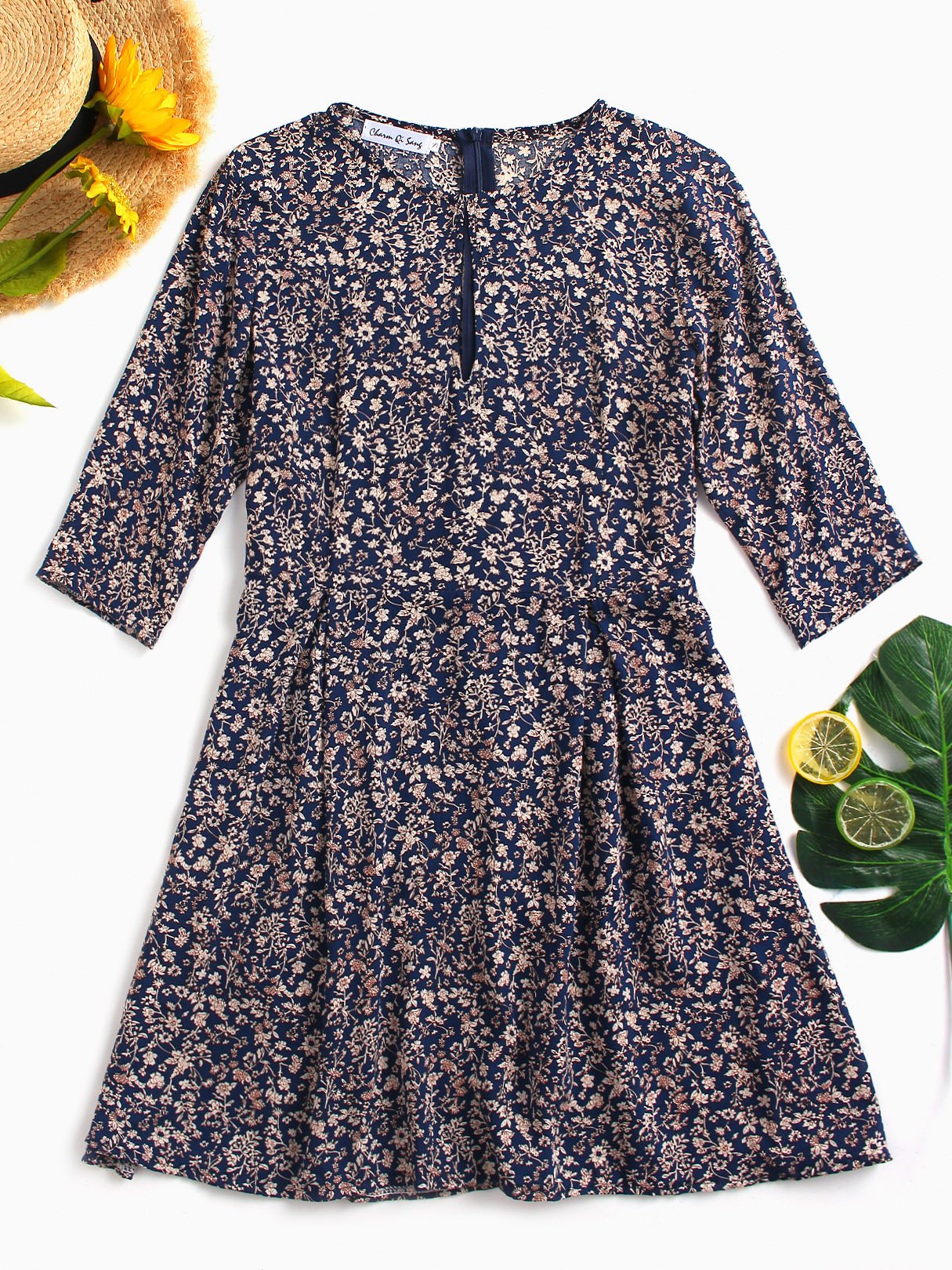 Wholesale Round Neck Half Sleeve Floral Print Zip Back Casual Dress