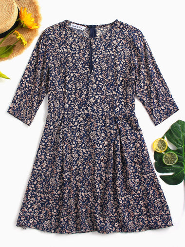 Wholesale Round Neck Half Sleeve Floral Print Zip Back Casual Dress