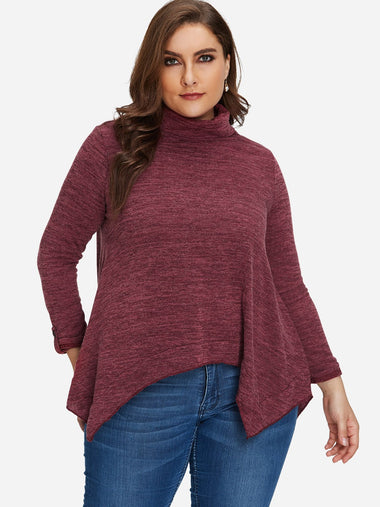 Wholesale Roll Neck Plain Long Sleeve Handkerchief Hem Burgundy Plus Size Tops