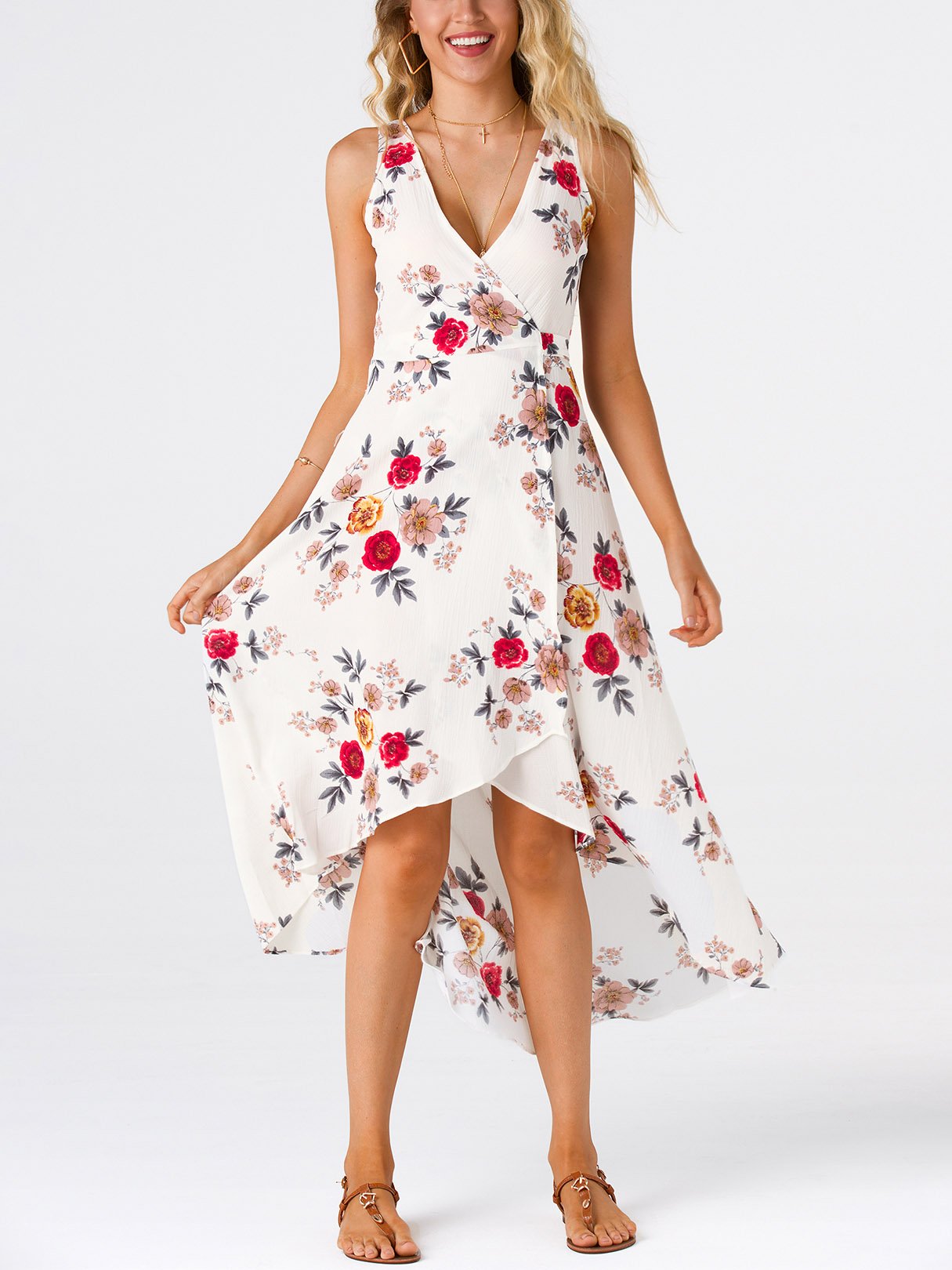 Wholesale V-Neck Floral Print Lace-Up Wrap Sleeveless Irregular Hem White Dress