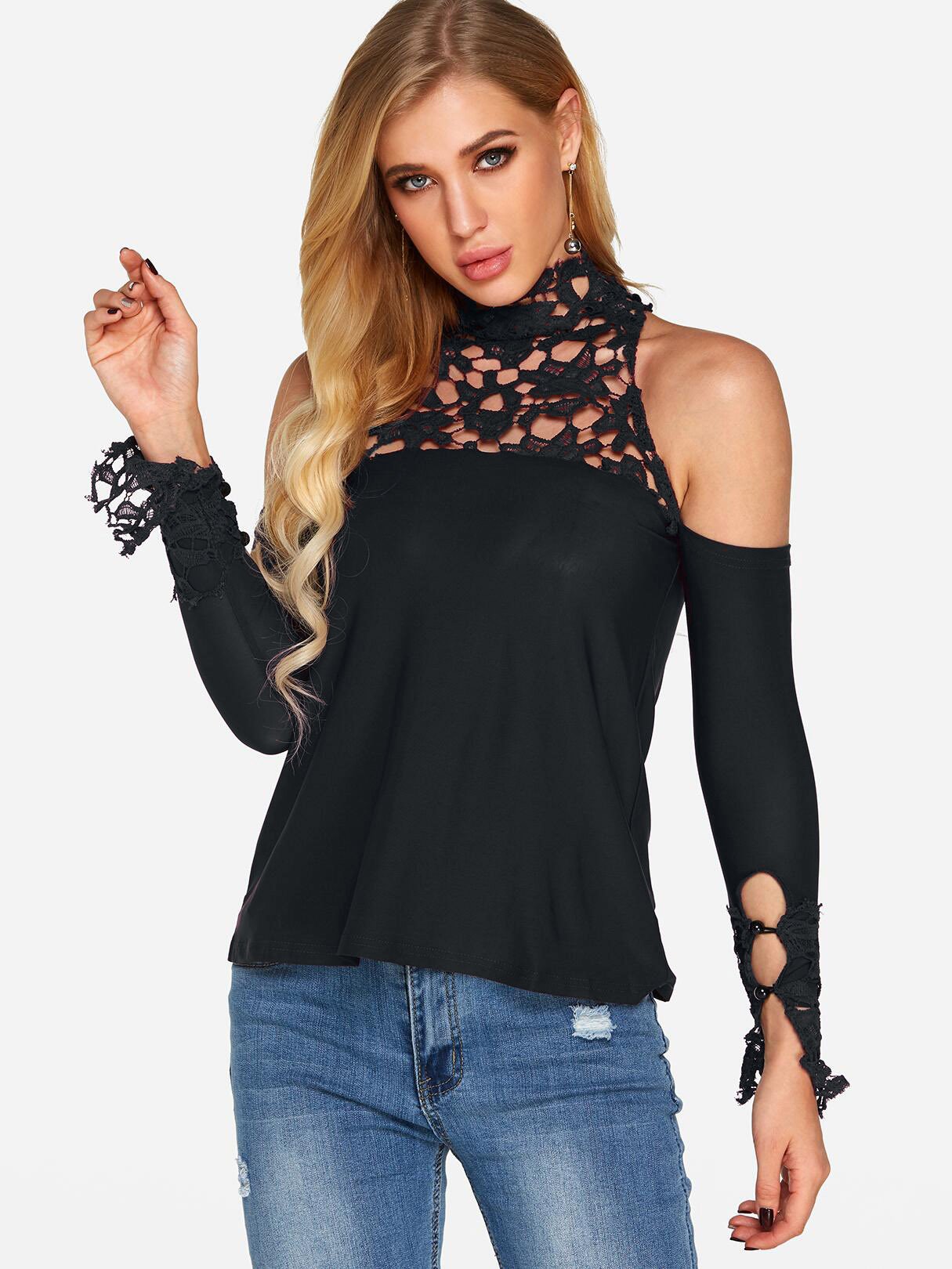 Wholesale Crew Neck Plain Lace Hollow Long Sleeve T-Shirts