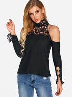 Wholesale Crew Neck Plain Lace Hollow Long Sleeve T-Shirts