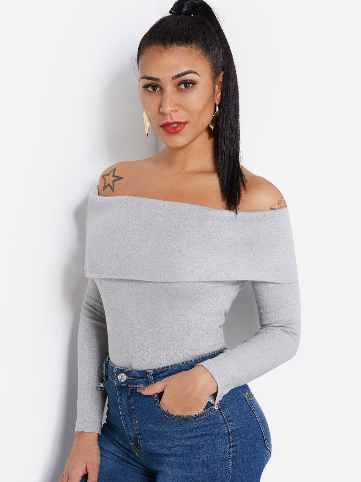 Wholesale Off The Shoulder Tiered Long Sleeve Grey Top