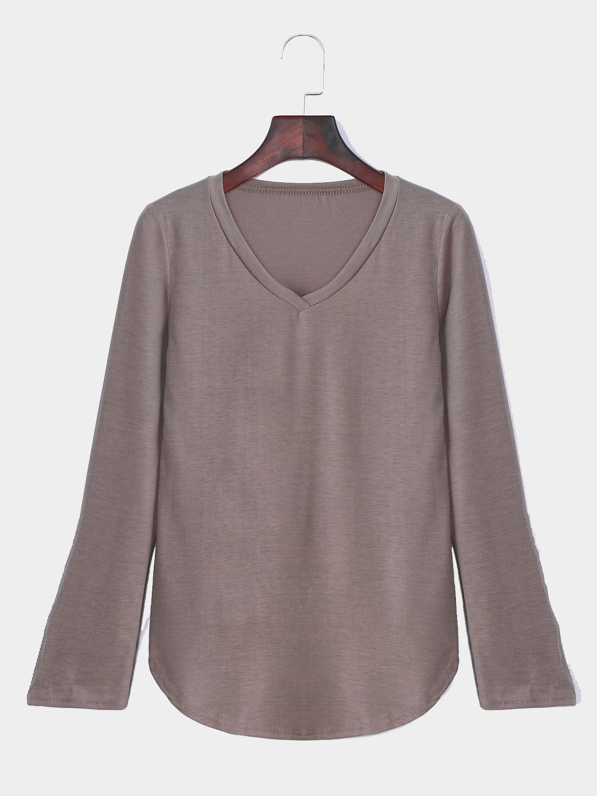 Wholesale V-Neck Long Sleeve Curved Hem Khaki Top