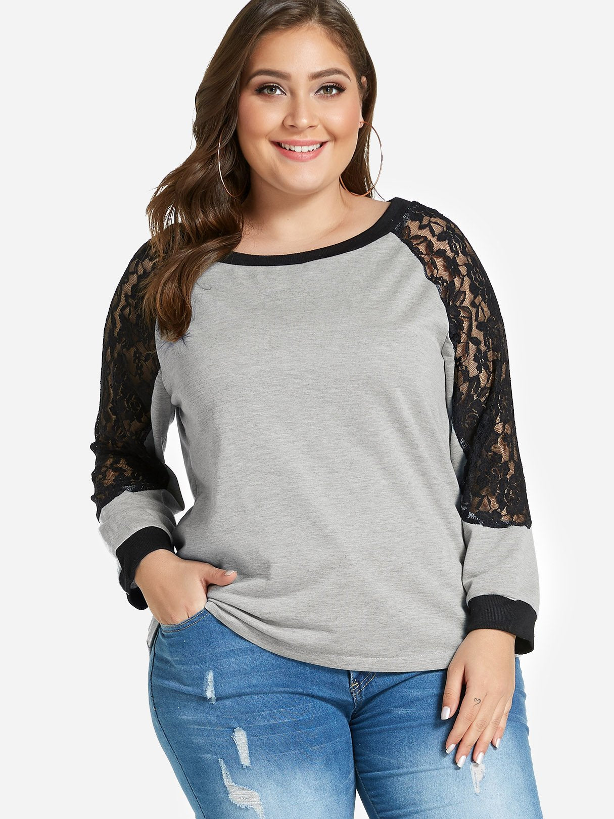 Wholesale Round Neck Plain Lace Long Sleeve Grey Plus Size Tops