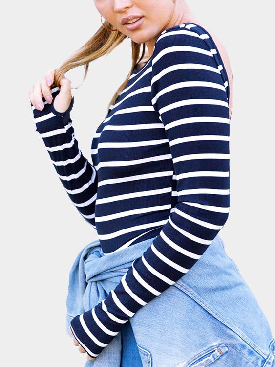 Wholesale Round Neck Stripe Backless Long Sleeve Navy T-Shirts