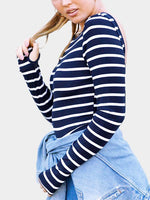 Wholesale Round Neck Stripe Backless Long Sleeve Navy T-Shirts