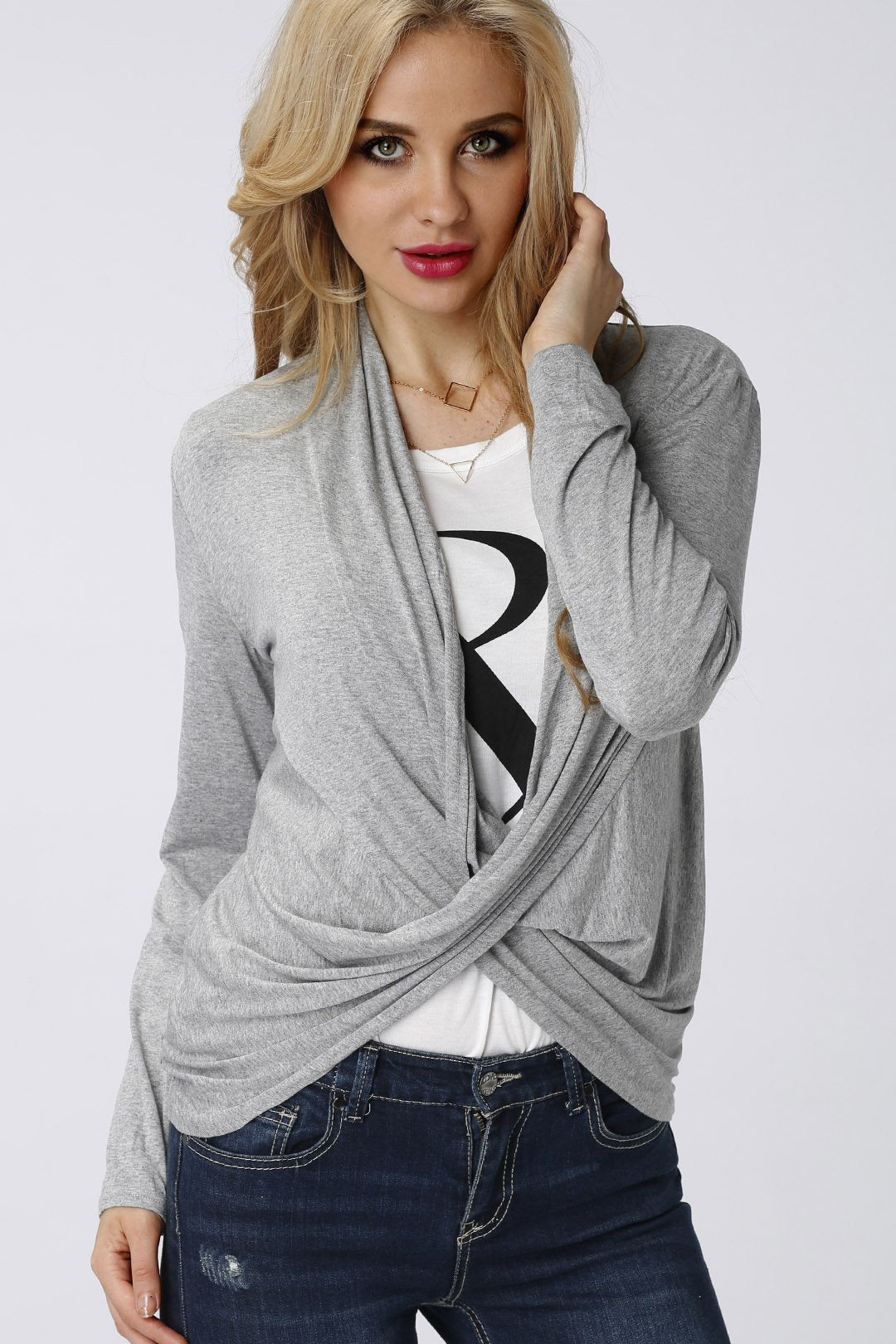 Wholesale Drape Sagging Long Sleeve Irregular Hem Grey Top