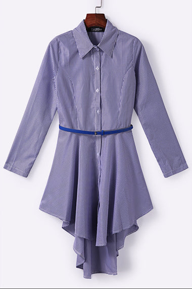 Wholesale Dark Blue Lapel Collar Long Sleeve Stripe Shirt Dresses