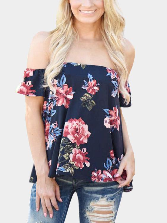 Wholesale Off The Shoulder Floral Print Asymmetrical Hem Navy T-Shirts