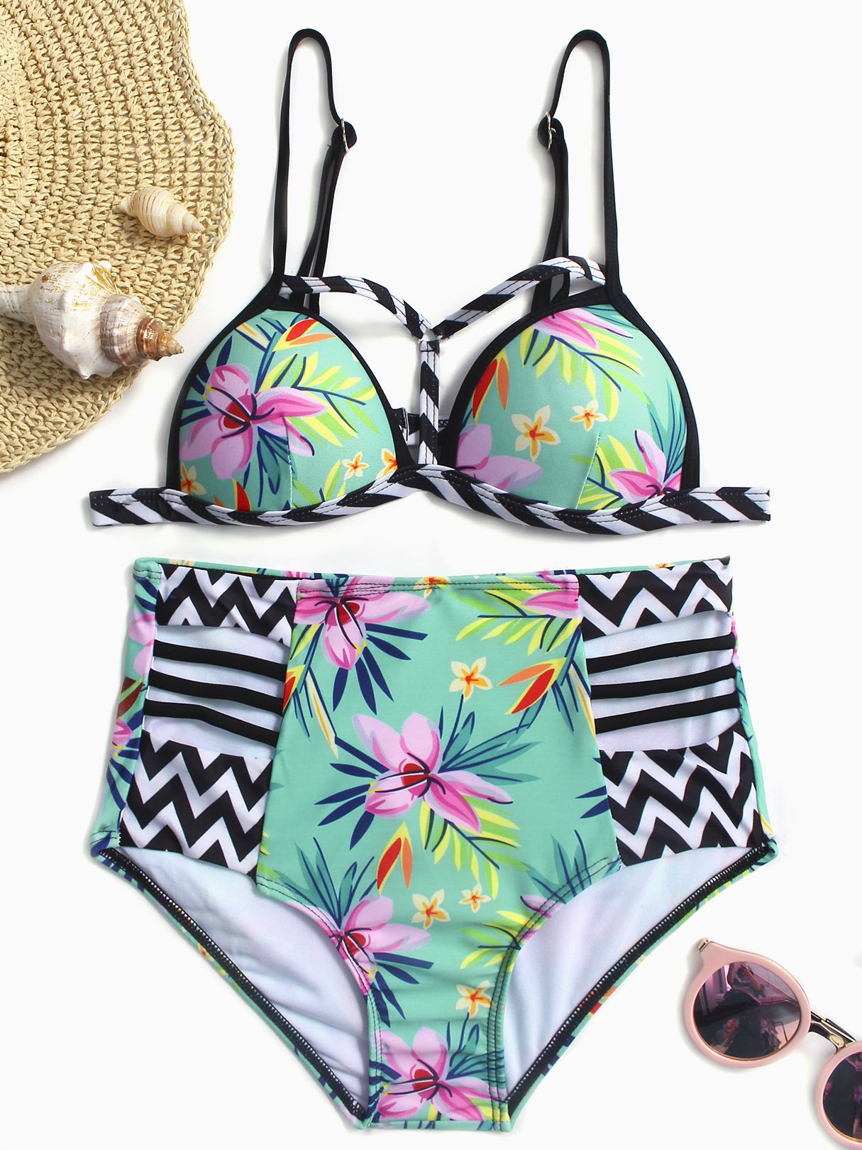 Wholesale V-Neck Sleeveless High Waist Two Piece Bikinis
