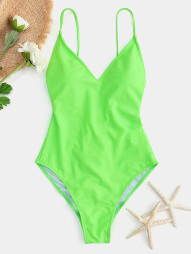 Wholesale Green Plain Criss-Cross One-Pieces Swimsuits