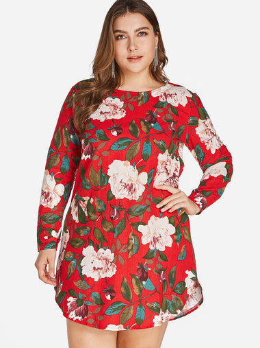Wholesale Round Neck Floral Print Zip Back Long Sleeve Curved Hem Red Plus Size Dress