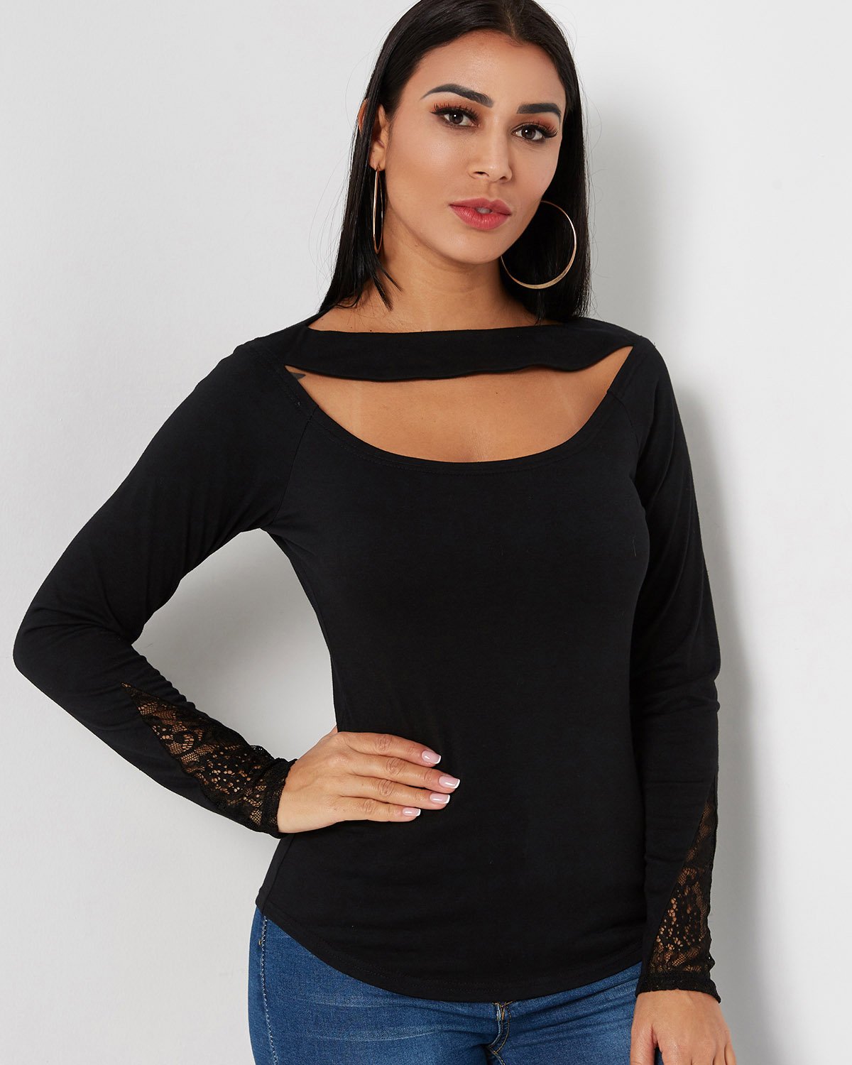 Wholesale Plain Lace Cut Out Long Sleeve Black T-Shirts