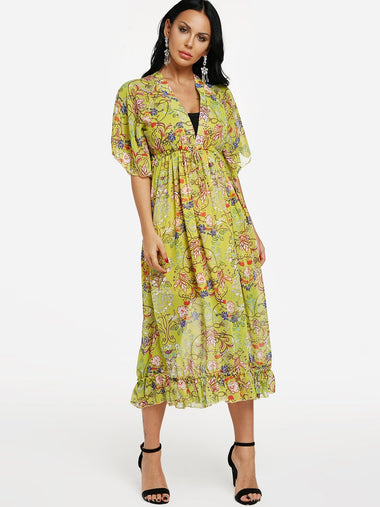 Wholesale Yellow Floral Print Lace-Up Ruffle Hem Maxi Dress