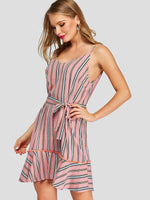 Wholesale V-Neck Stripe Belt Self-Tie Sleeveless Flounced Hem Mini Dress