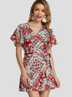 Wholesale V-Neck Short Sleeve Printed Crossed Front Pleated Belt Self-Tie Ruffle Hem Casual Dress