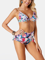Wholesale V-Neck Floral Print Backless Tie-Up Sleeveless Flounced Hem High Waist Two Piece Bikini