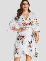 Wholesale V-Neck Floral Print Self-Tie Wrap 3/4 Sleeve Curved Hem Plus Size Midi Dress