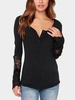 Wholesale Round Neck Lace Long Sleeve Black Top