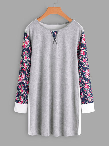 Wholesale Round Neck Floral Print Calico Long Sleeve Plus Size Tops
