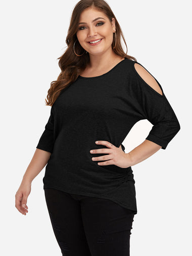 Wholesale Round Neck Cold Shoulder Plain Cut Out Twist 3/4 Sleeve Curved Hem Black Plus Size Tops