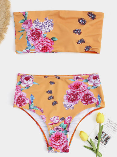 Wholesale Yellow Off The Shoulder Sleeveless Floral Print High Waist Two Piece Bikinis