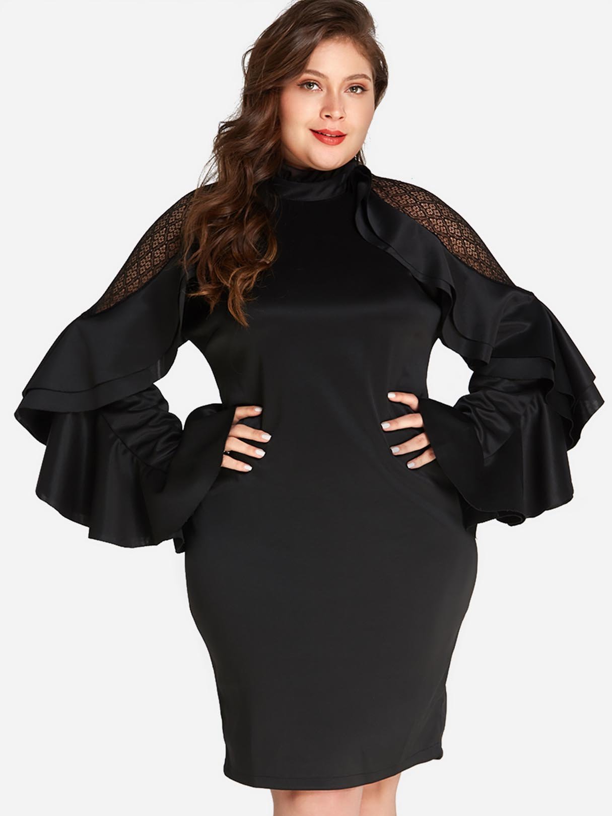 Wholesale Tiered Long Sleeve Black Plus Size Dress