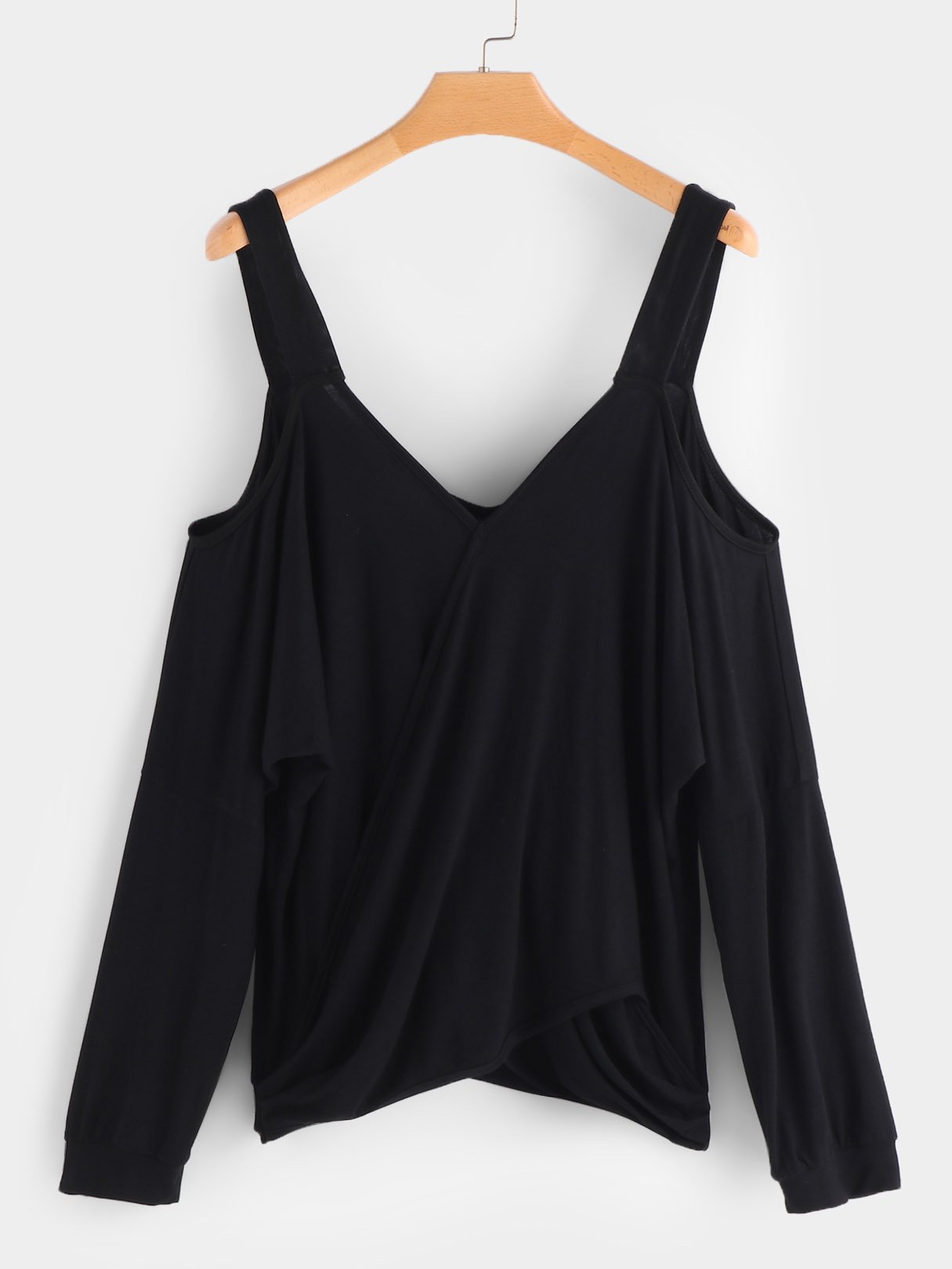 Wholesale V-Neck Cold Shoulder Plain Crossed Front Cut Out Long Sleeve Black T-Shirts