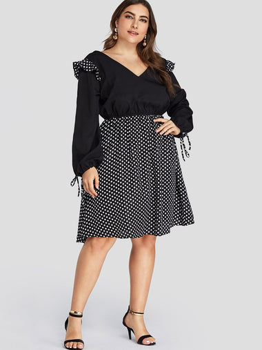 Wholesale V-Neck Polka Dot Self-Tie Ruffle Trim Long Sleeve Flounced Hem Black Plus Size Dress