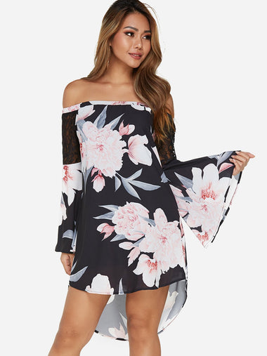 Wholesale Black Off The Shoulder Long Sleeve Floral Print Lace Curved Hem Mini Dresses