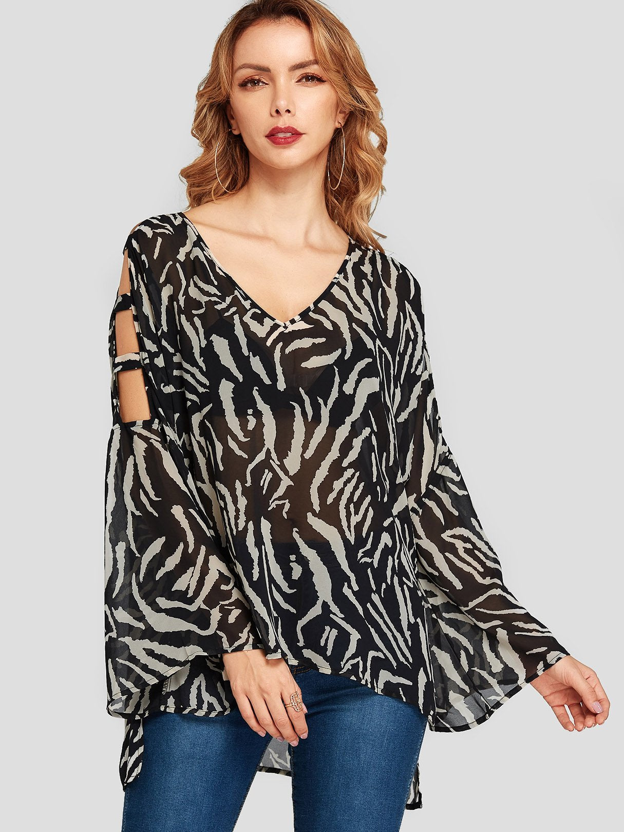 Wholesale V-Neck Zebra Cut Out Long Sleeve Black Blouses