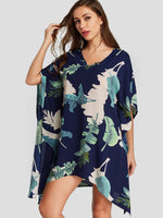 Wholesale Navy V-Neck Half Sleeve Floral Print Irregular Hem Mini Dresses