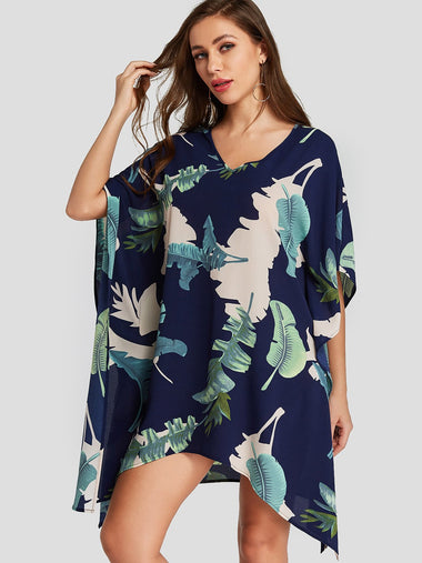 Wholesale Navy V-Neck Half Sleeve Floral Print Irregular Hem Mini Dresses