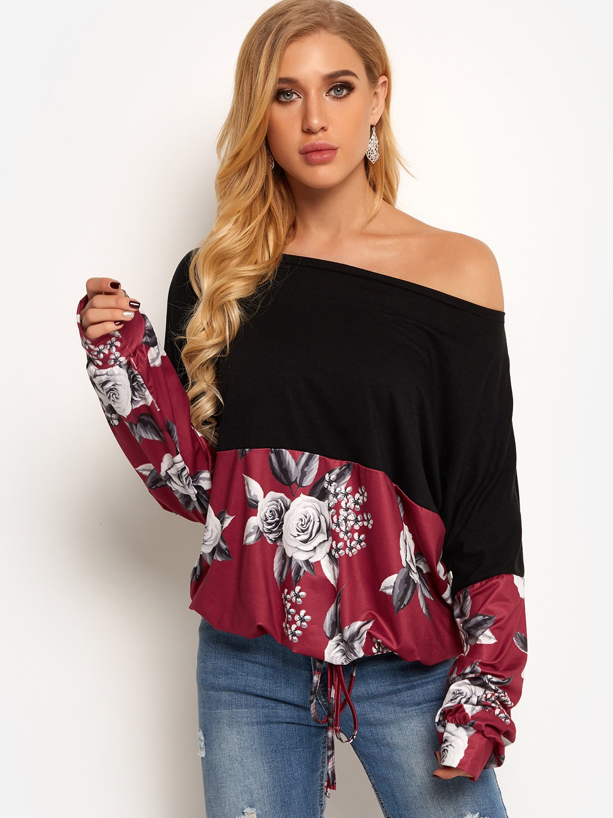 Wholesale One Shoulder Floral Print Long Sleeve T-Shirts