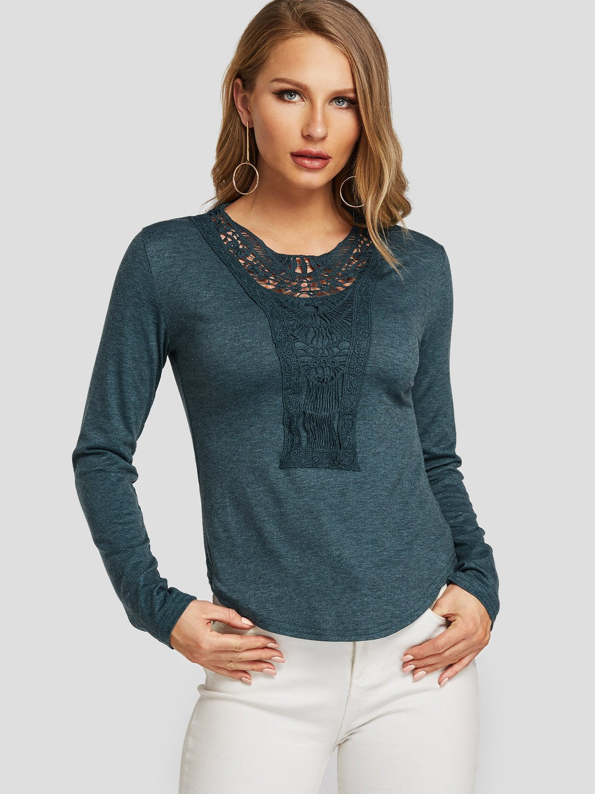 Wholesale Round Neck Crochet Lace Embellished Long Sleeve Green Top
