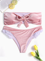 Wholesale Pink Strapless Off The Shoulder Sleeveless Plain Tie-Up Ruffle Trim Ruffle Hem Bikini Set Swimwear