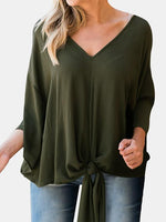 Wholesale V-Neck Plain Self-Tie Long Sleeve Blouses