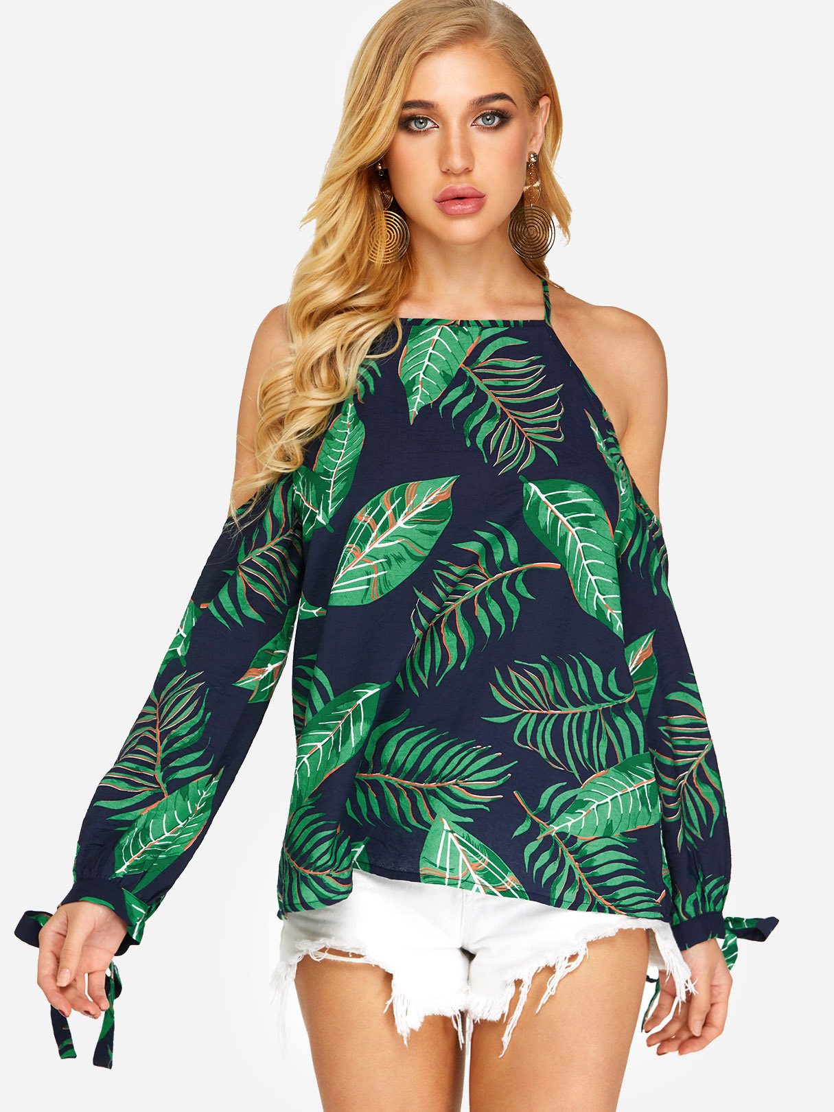 Wholesale Cold Shoulder Floral Print Self-Tie Long Sleeve Green Blouses
