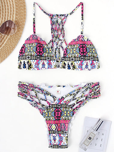 Wholesale V-Neck Sleeveless Printed Backless Lace-Up Tie-Up Two Piece Bikinis