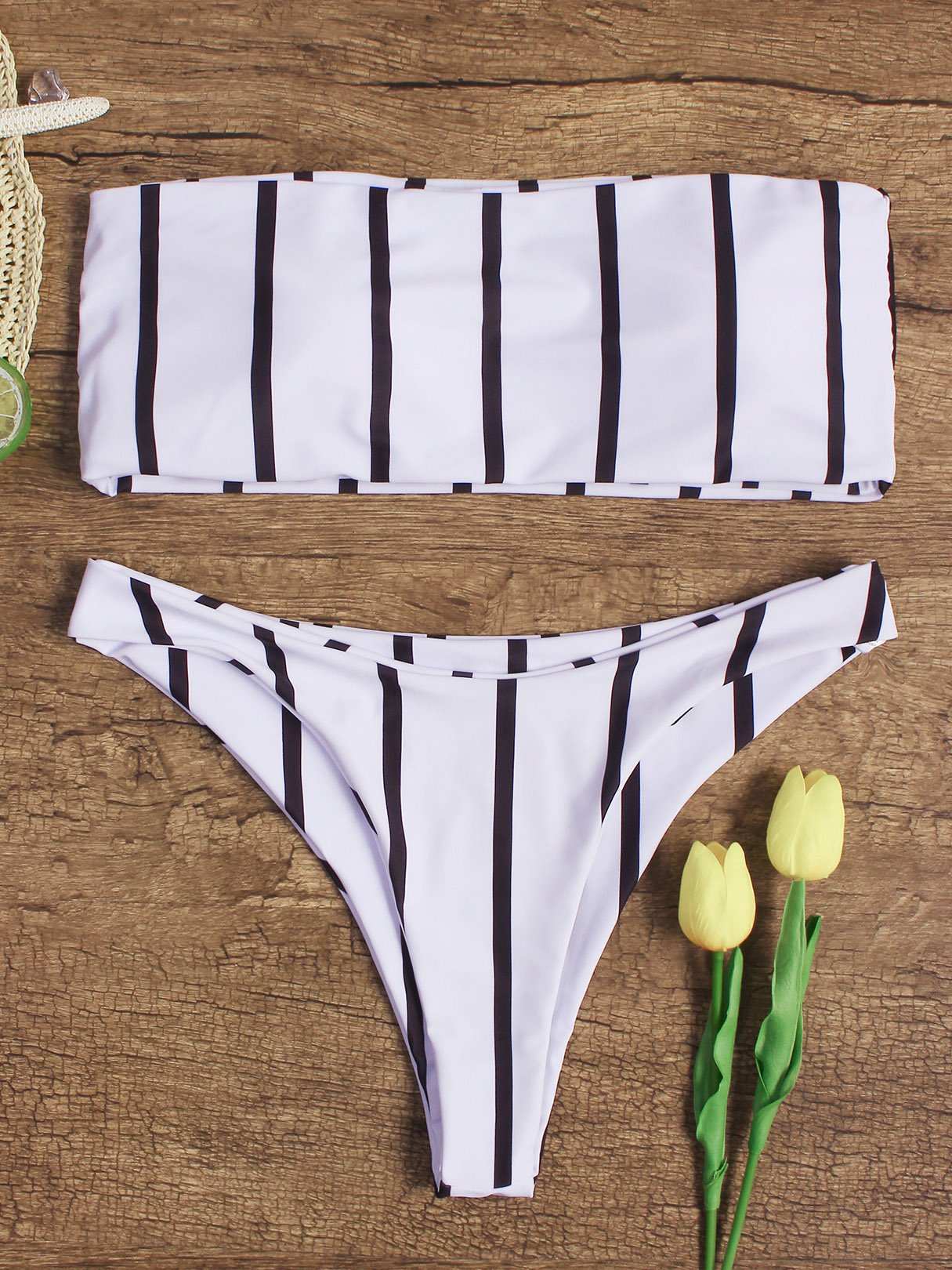 Wholesale Off The Shoulder Sleeveless Stripe High Waist 2 Piece Bikinis