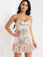 Wholesale Pink Sleeveless Backless Sequins Embellished Spaghetti Strap Ruffle Hem Sexy Dresses