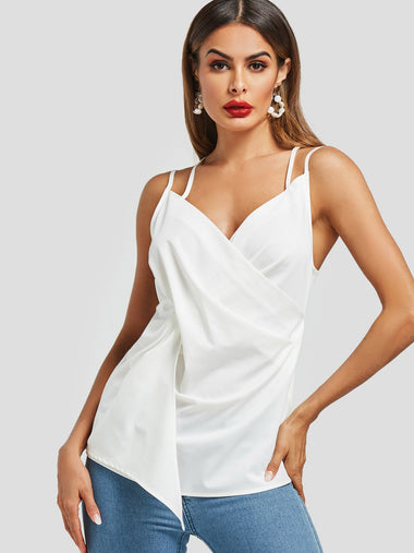Wholesale V-Neck Plain Crossed Front Tiered Pleated Criss-Cross Sleeveless White Camis