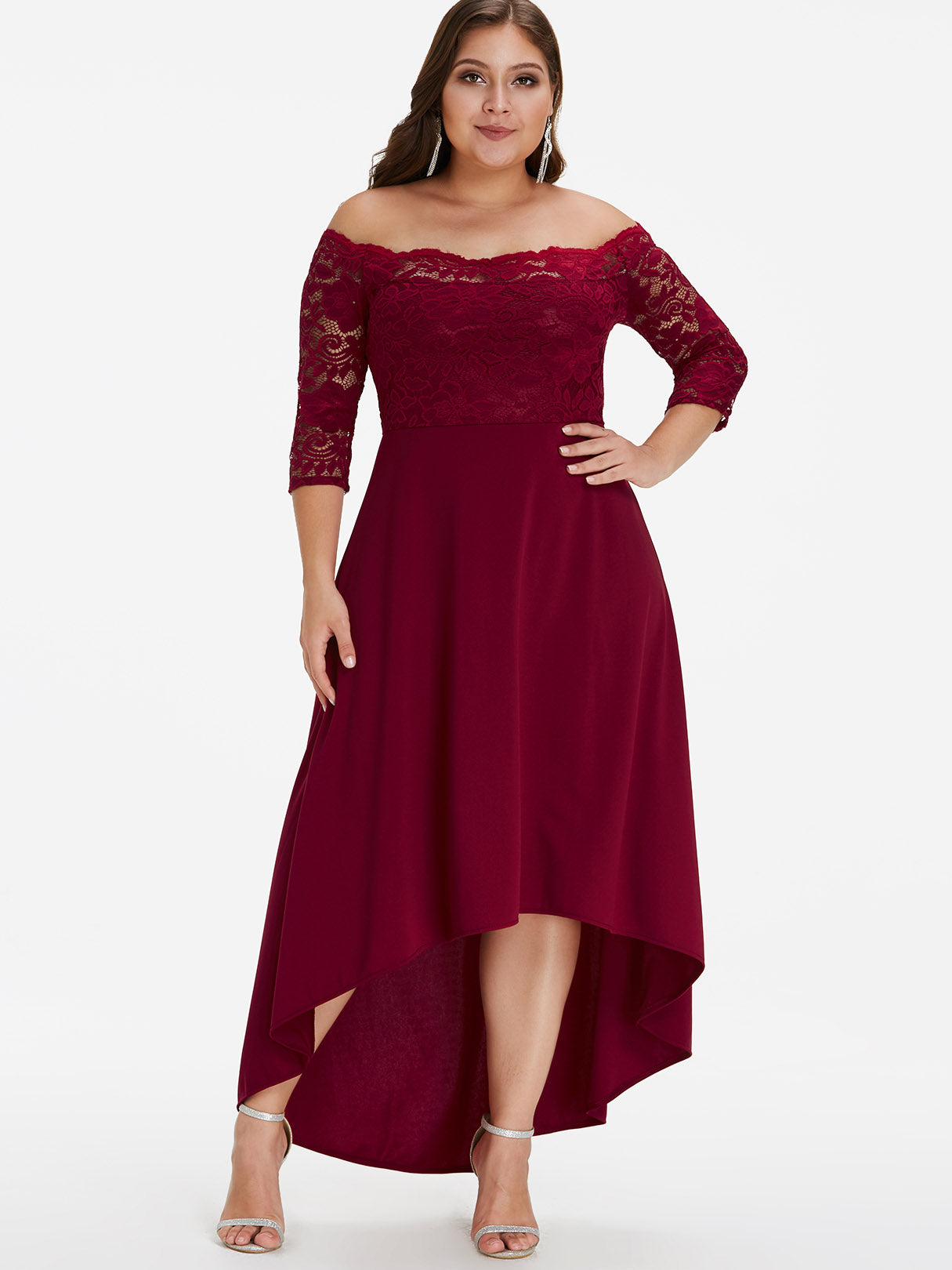 Wholesale Off The Shoulder Plain Lace 3/4 Sleeve High-Low Hem Burgundy Plus Size Dress